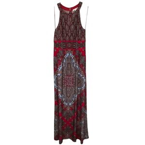 London Times Red Paisley Scarf Print Keyhole Halter Beach Boho Maxi Dress Size 8